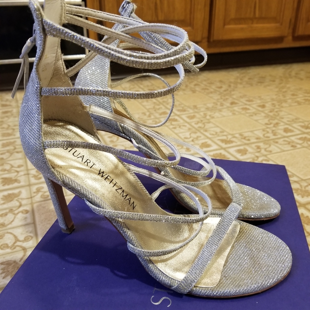 Stuart Weitzman Silver Strappy Lace-Up High Heel Sandals